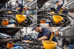 Zamena masla i filtra v avtoservise, mechanyk zalivae motorne maslo cherez voronku